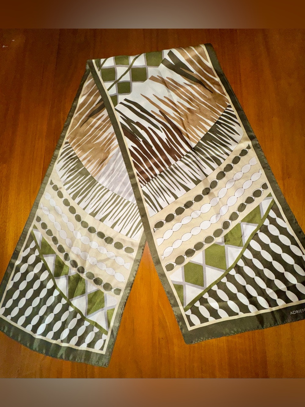 Adrienne Vittadini Olive & Cream Geometric Pattern Silk Scarf